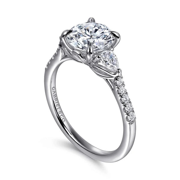 14K White Gold Round Three Stone Lotus Diamond Engagement Ring