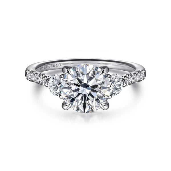14K White Gold Round Three Stone Lotus Diamond Engagement Ring
