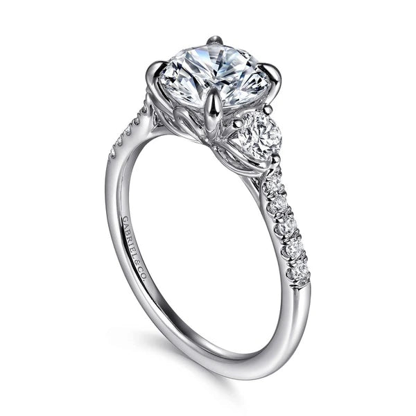 14K White Gold Round Three Stone Lotus Diamond Engagement Ring