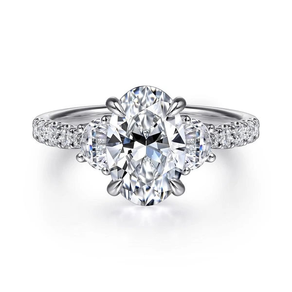 14K White Gold Oval Three Stone Lotus Diamond Engagement Ring