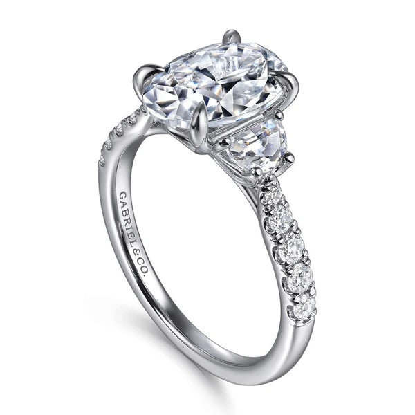 14K White Gold Oval Three Stone Lotus Diamond Engagement Ring