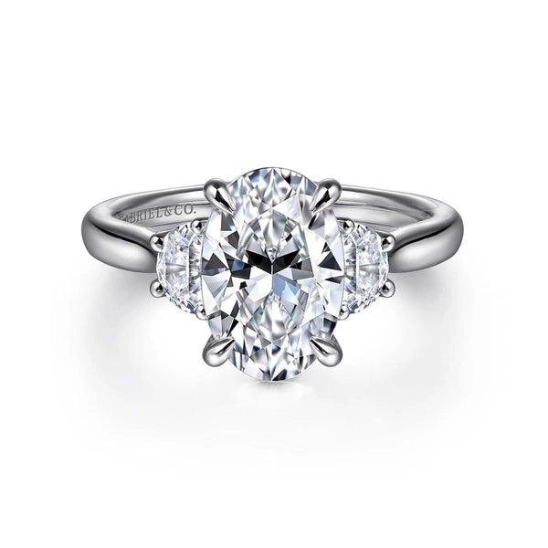 14K White Gold Oval Three Stone Lotus Diamond Engagement Ring