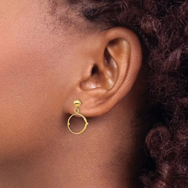 14k Classic Prong Coin Bezel Post Dangle Earrings