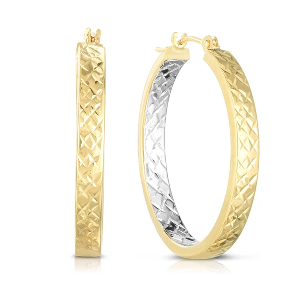 14K Yellow &amp; White Gold Diamond Cut Hoop Earring