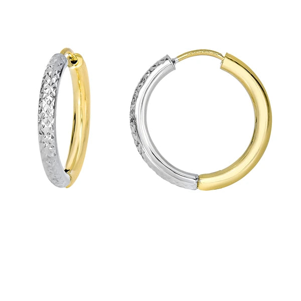 14K Yellow &amp; White Gold Diamond Cut Hoop Earring