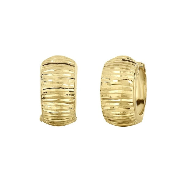 14K Gold Reversible Polished &amp; Linear Diamond Cut Huggie Earring