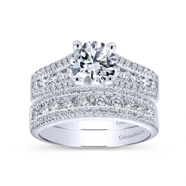 14K White Gold Round Wide Band Diamond Engagement Ring
