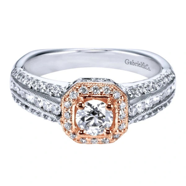 Vintage 14K White-Rose Gold Round Halo Diamond Engagement Ring