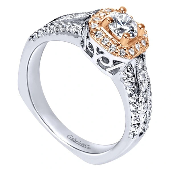 Vintage 14K White-Rose Gold Round Halo Diamond Engagement Ring