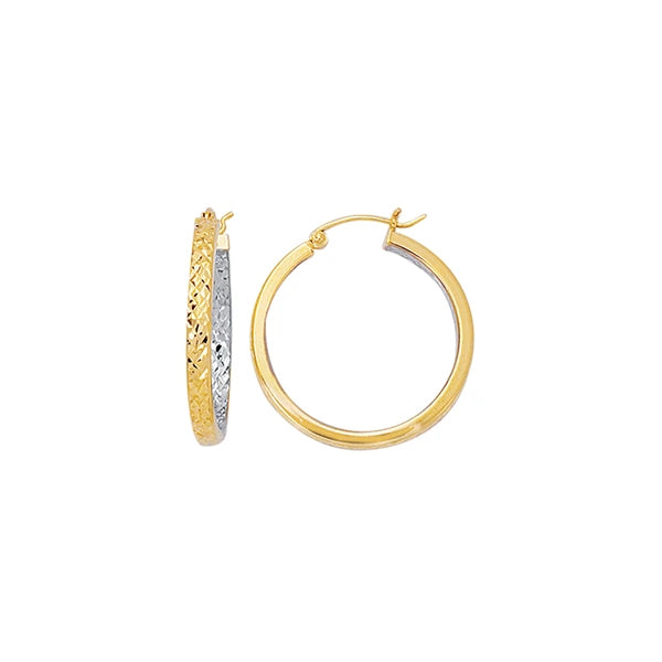 14K Yellow &amp; White Gold Diamond Cut Hoop Earring
