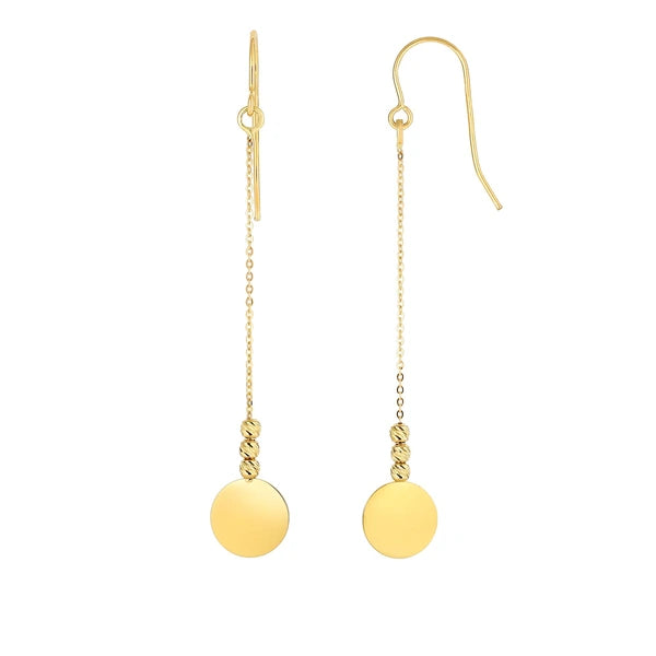 14K Gold Polished Disc &amp; Bead Drop Earring