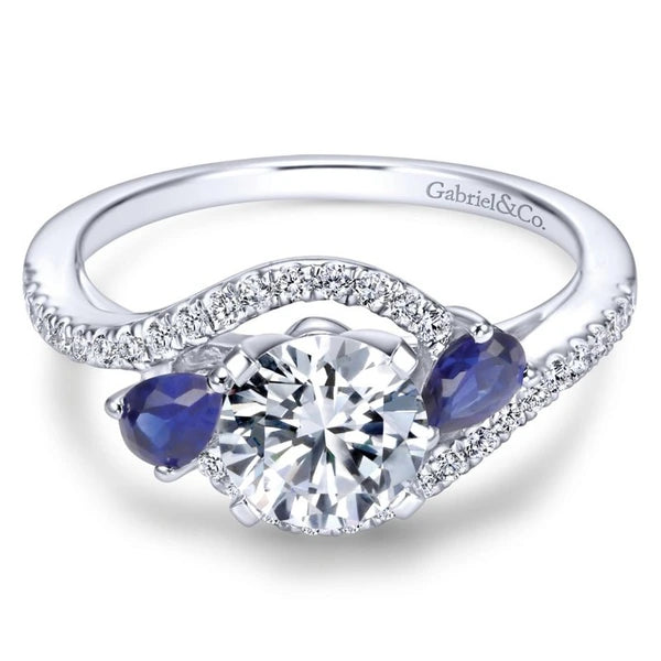 14K White Gold Round Three Stone Sapphire and Diamond Engagement Ring