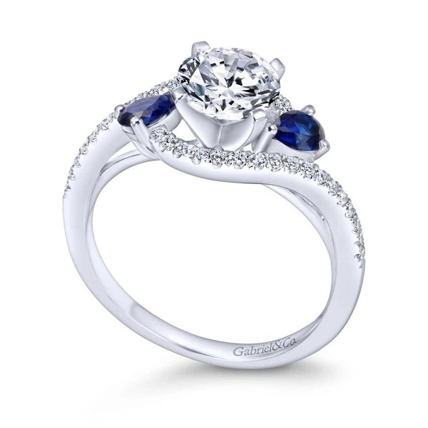 14K White Gold Round Three Stone Sapphire and Diamond Engagement Ring