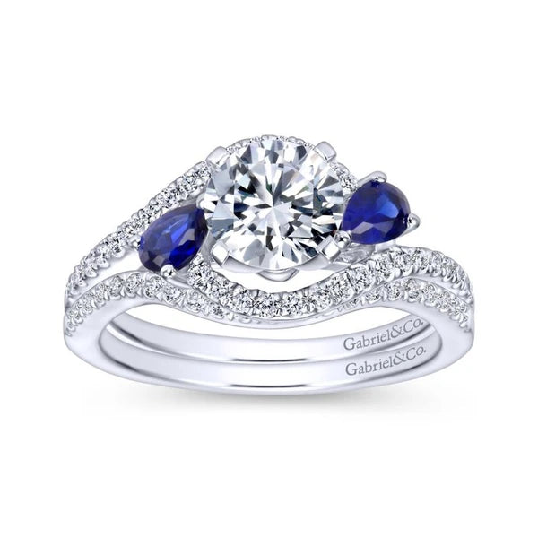 14K White Gold Round Three Stone Sapphire and Diamond Engagement Ring