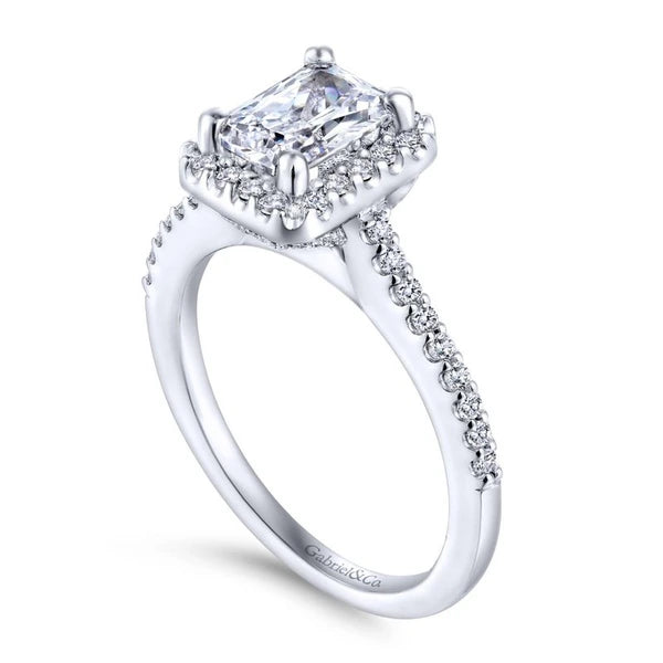 14K White Gold Emerald Halo Diamond Engagement Ring