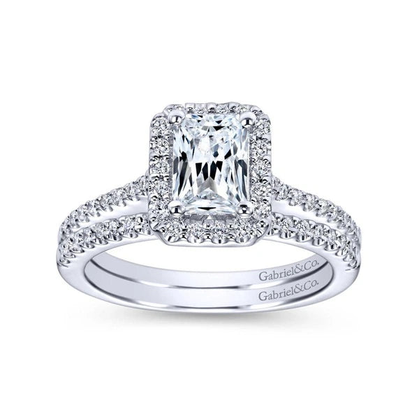 14K White Gold Emerald Halo Diamond Engagement Ring