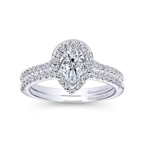 14K White Gold Pear Shape Halo Diamond Engagement Ring