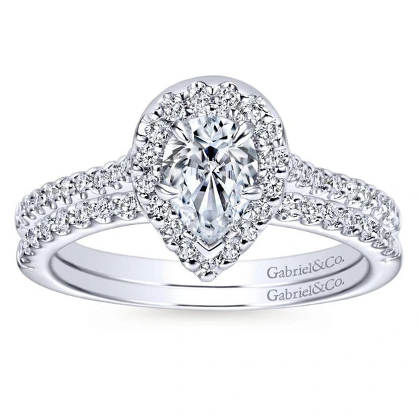 14K White Gold Pear Shape Halo Diamond Engagement Ring