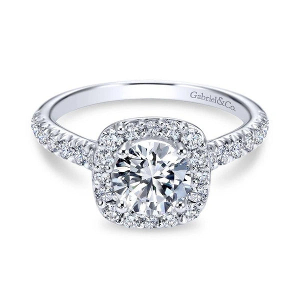 14K White Gold Cushion Halo Round Diamond Engagement Ring