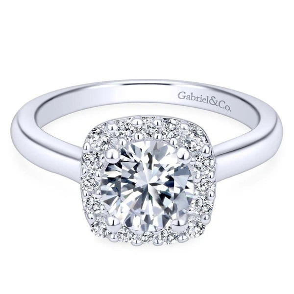 14K White Gold Cushion Halo Round Diamond Engagement Ring