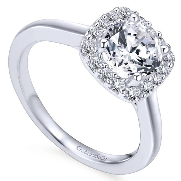 14K White Gold Cushion Halo Round Diamond Engagement Ring
