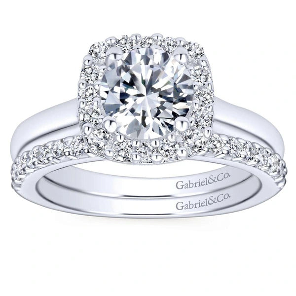 14K White Gold Cushion Halo Round Diamond Engagement Ring
