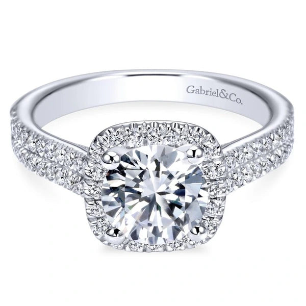 14K White Gold Cushion Halo Round Diamond Engagement Ring