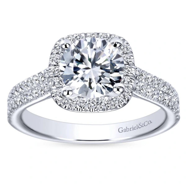 14K White Gold Cushion Halo Round Diamond Engagement Ring