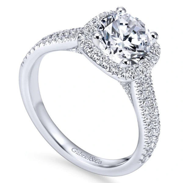 14K White Gold Cushion Halo Round Diamond Engagement Ring