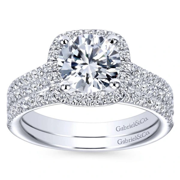 14K White Gold Cushion Halo Round Diamond Engagement Ring