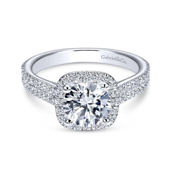 14K White Gold Cushion Halo Round Diamond Engagement Ring