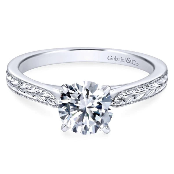 14k White Gold Straight Milgrain and Hand Etched Engagement Ring