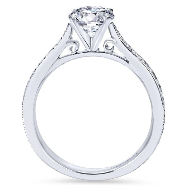 14k White Gold Straight Milgrain and Hand Etched Engagement Ring