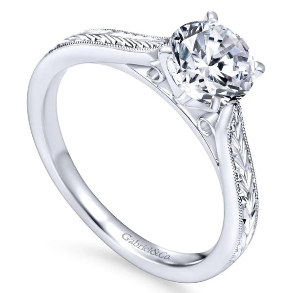 14k White Gold Straight Milgrain and Hand Etched Engagement Ring
