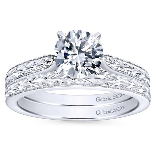 14k White Gold Straight Milgrain and Hand Etched Engagement Ring