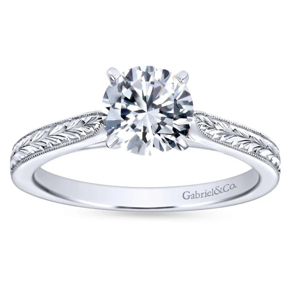 14k White Gold Straight Milgrain and Hand Etched Engagement Ring