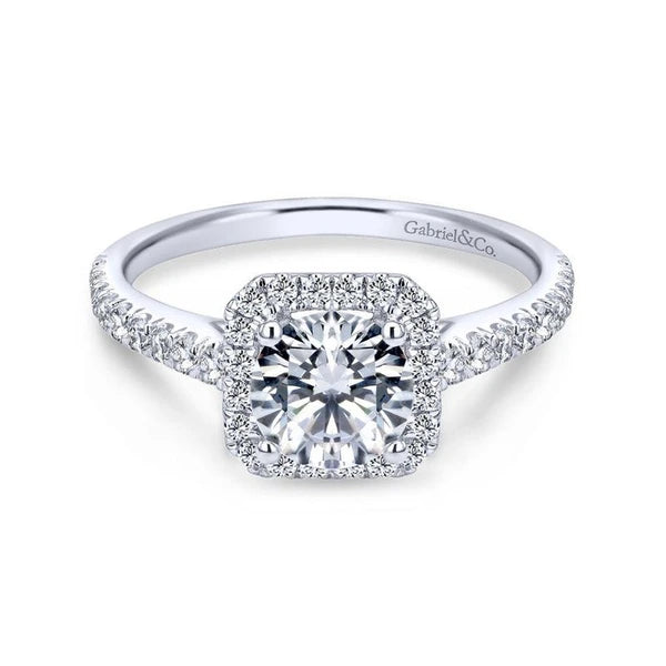 14K White Gold Cushion Halo Round Diamond Engagement Ring