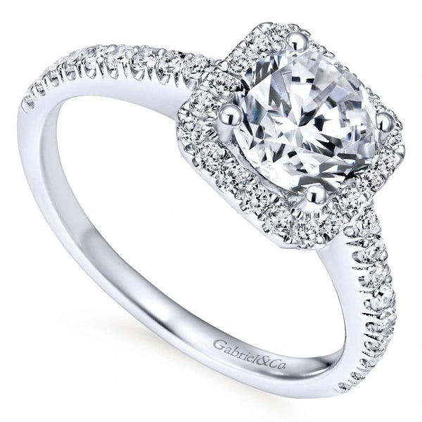 14K White Gold Cushion Halo Round Diamond Engagement Ring