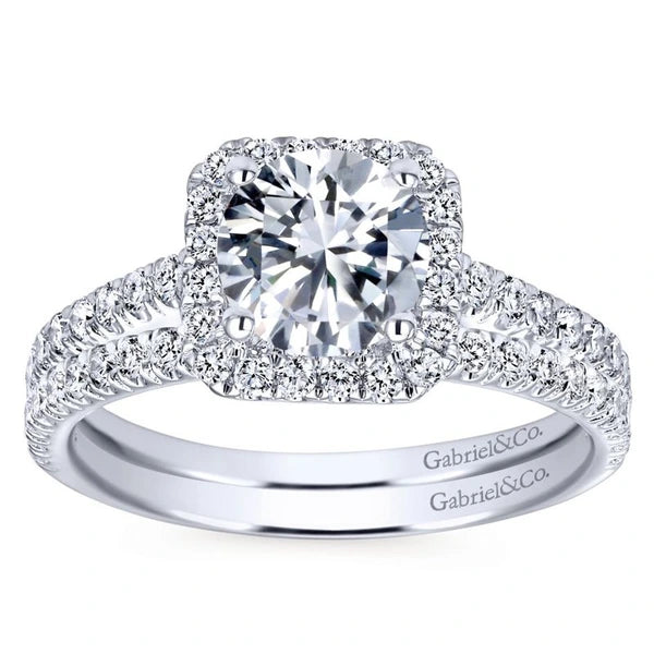 14K White Gold Cushion Halo Round Diamond Engagement Ring