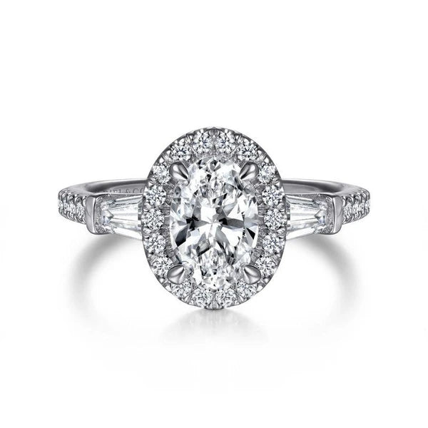 14K White Gold Oval Three Stone Halo Diamond Engagement Ring