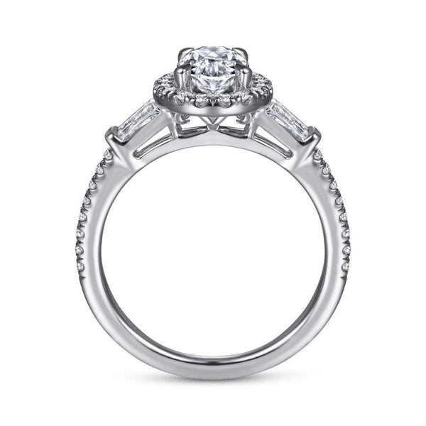 14K White Gold Oval Three Stone Halo Diamond Engagement Ring