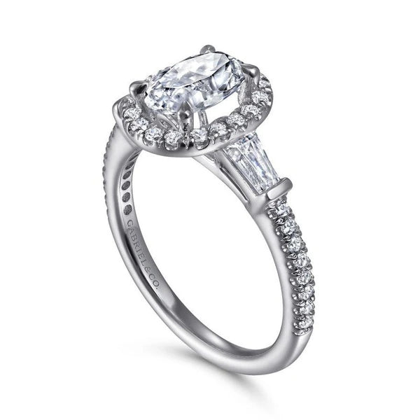 14K White Gold Oval Three Stone Halo Diamond Engagement Ring