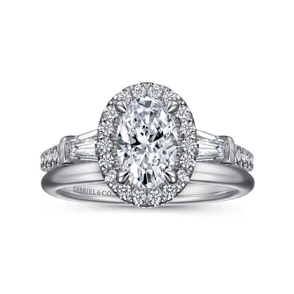 14K White Gold Oval Three Stone Halo Diamond Engagement Ring