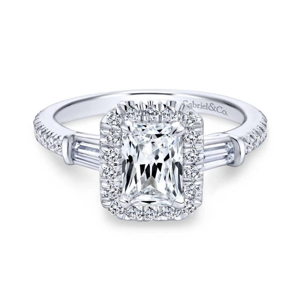 14K White Gold Halo Emerald Cut Diamond Engagement Ring