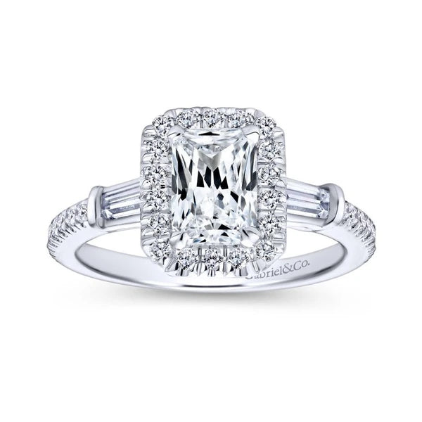14K White Gold Halo Emerald Cut Diamond Engagement Ring
