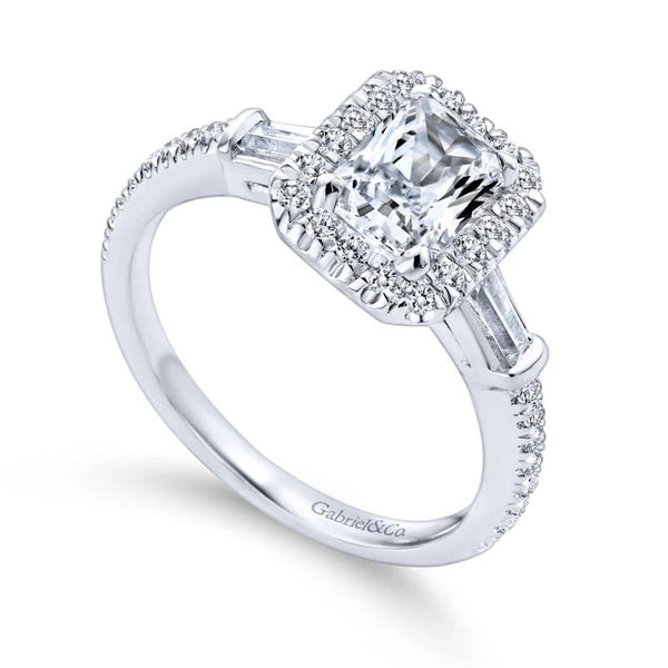 14K White Gold Halo Emerald Cut Diamond Engagement Ring