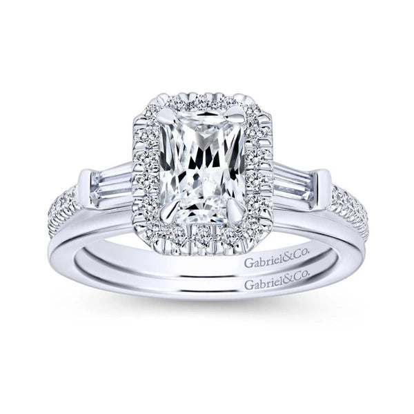 14K White Gold Halo Emerald Cut Diamond Engagement Ring
