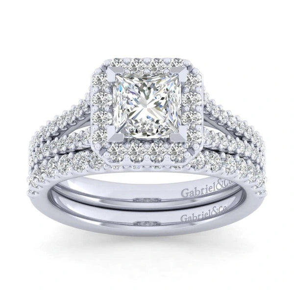 14K White Gold Princess Halo Diamond Engagement Ring