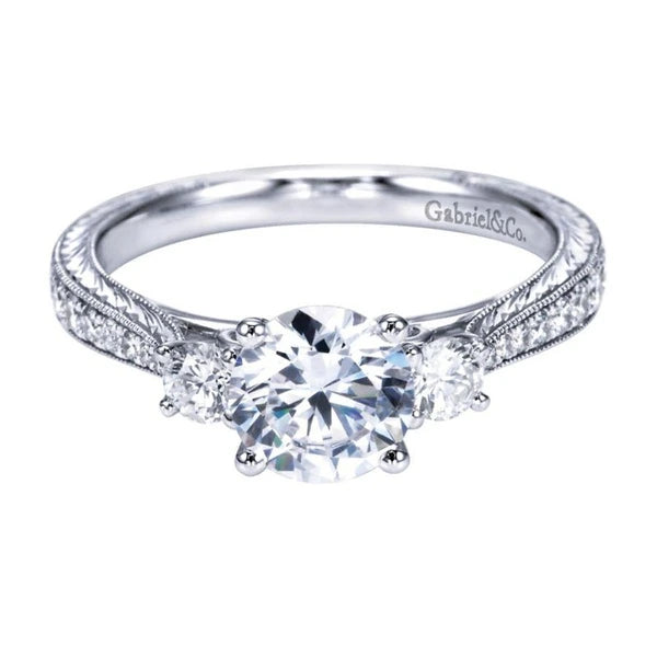 Vintage 14K White Gold Round Three Stone Diamond Engagement Ring
