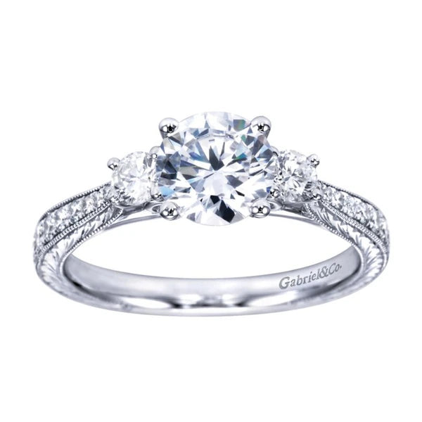 Vintage 14K White Gold Round Three Stone Diamond Engagement Ring